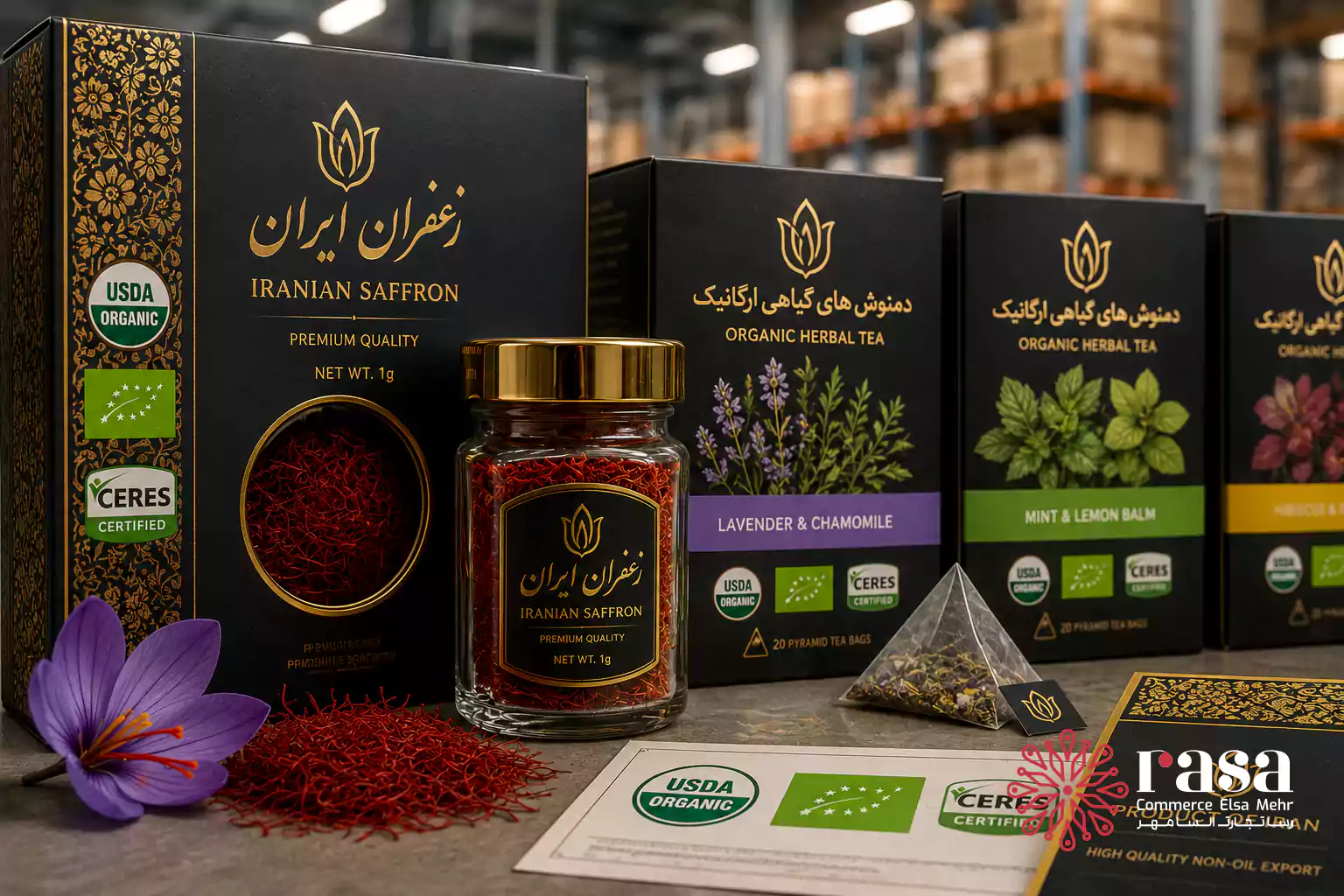 بستهبندی لوکس و استاندارد زعفران و گیاهان دارویی ایران آماده برای صادرات به عنوان بهترین کالای صادراتی به اروپا